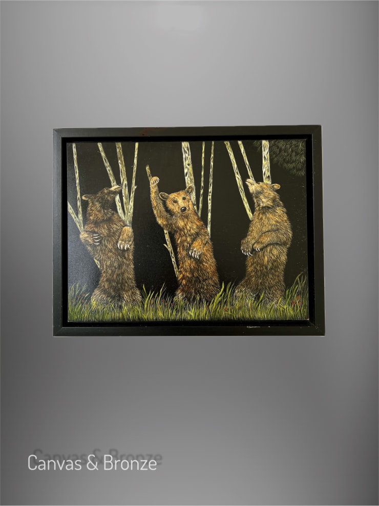 Three bears in a forest setting, painted with realistic detail and earthy tones, framed against a dark background.