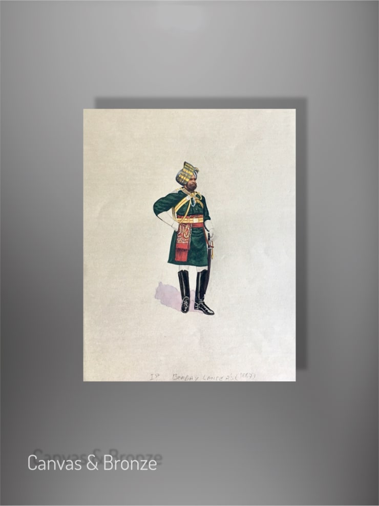 Illustration of a uniformed figure with a tall hat, standing confidently, featuring detailed embroidery and vibrant colors, possibly from 19th-century European military attire.