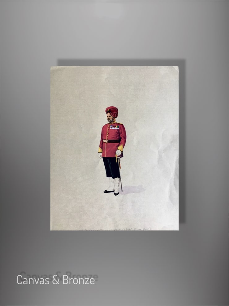 A vintage illustration of a man in traditional Indian attire, featuring a red turban and military-style uniform, set against a light background.