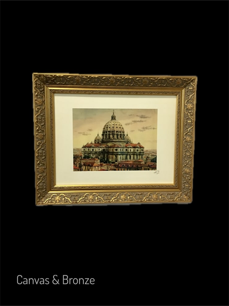 Framed architectural artwork featuring a detailed depiction of a historic domed building, set against a black background.