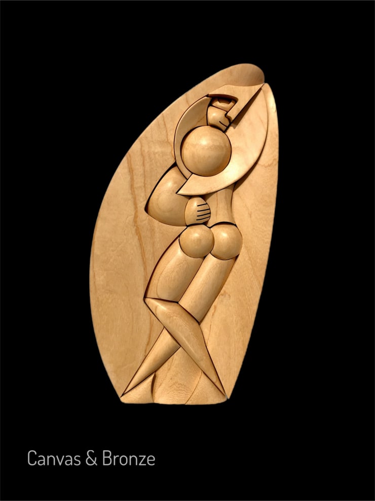 Abstract wooden sculpture of a human figure in a dynamic pose, featuring smooth curves and geometric shapes, set against a black background.