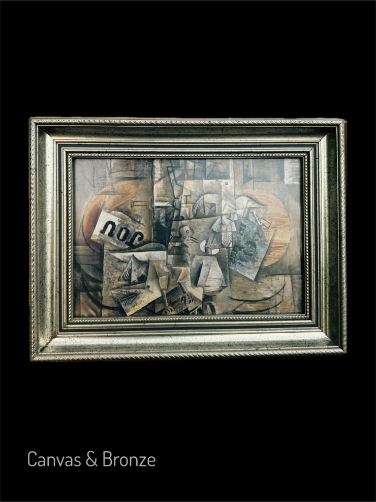 Cubist painting featuring geometric shapes and muted colors, framed in an ornate silver frame.