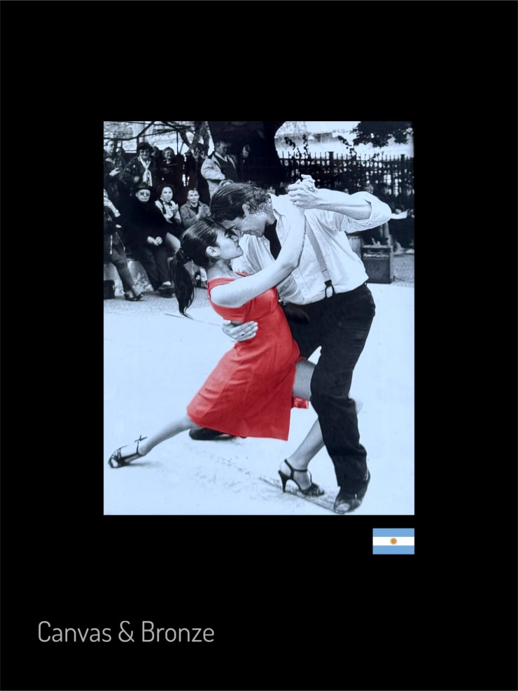 A couple passionately dancing the tango in an outdoor setting, with the woman in a vibrant red dress and the man in a white shirt and black pants, capturing the cultural essence of Argentina.