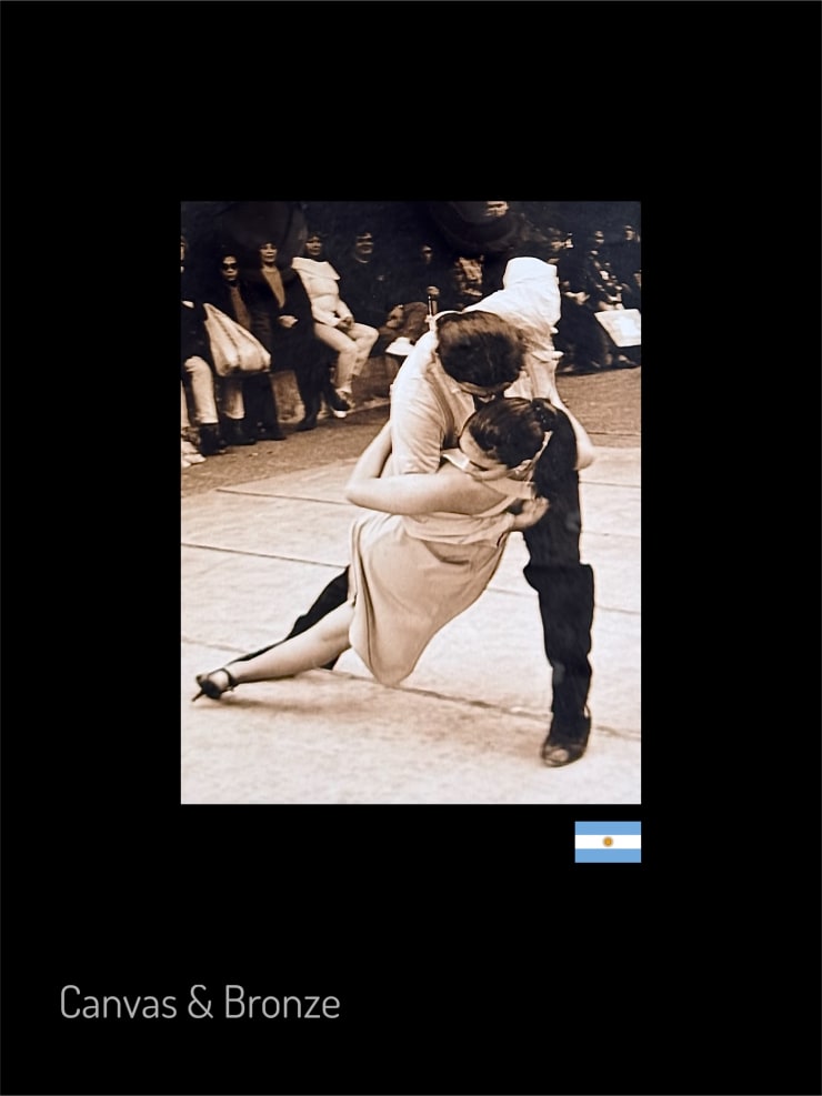 Tango dancers performing in a passionate embrace on a street, with a small Argentine flag in the corner.