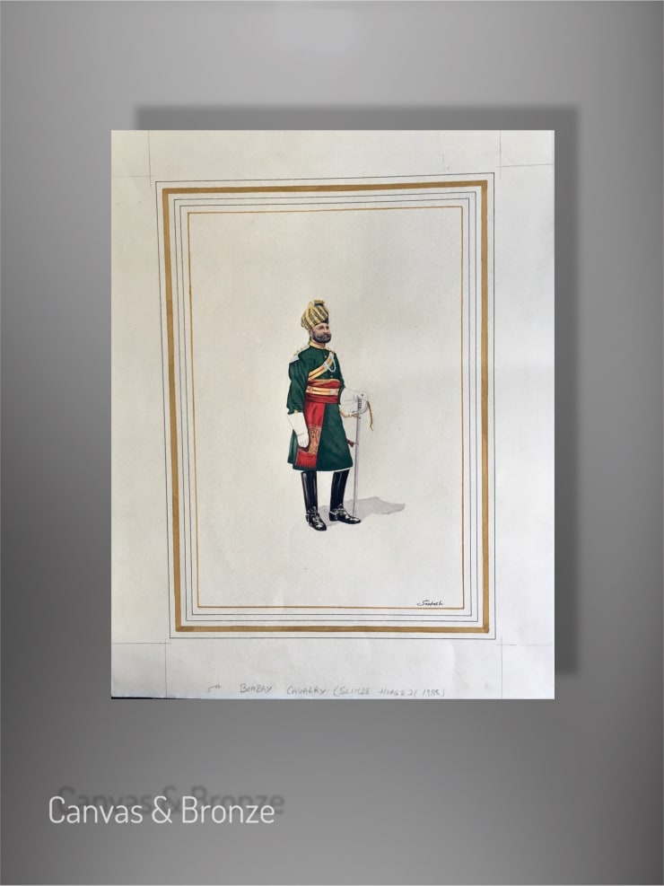 Illustration of a Bombay Cavalry officer in traditional uniform, featuring vibrant colors and intricate detailing, set against a minimalist background.