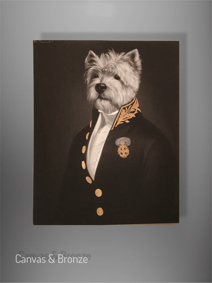 A portrait of a dog in a formal military uniform with gold accents, set against a dark background.