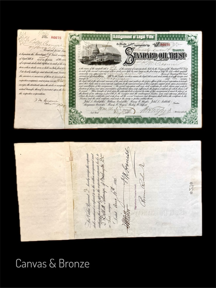 Vintage Standard Oil Trust stock certificate with signatures and intricate border design.