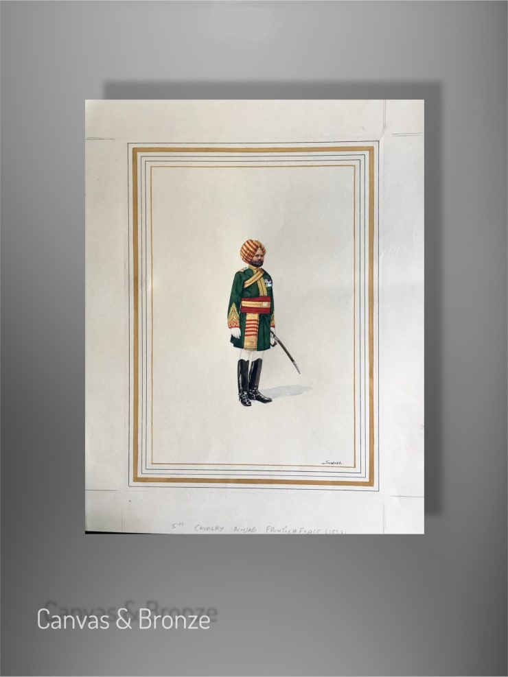 A painting of a figure in traditional attire with a turban and sword, set against a minimalist background with decorative border lines, showcasing cultural elements and historical fashion.