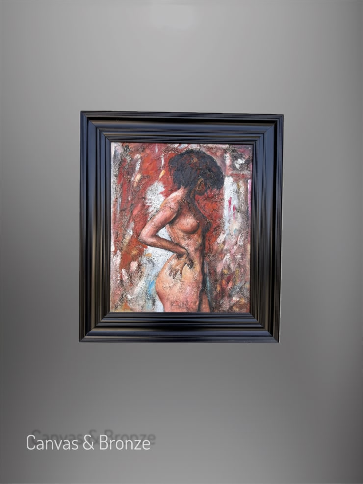 Abstract painting of a nude figure with textured brushstrokes in warm tones, framed in black.