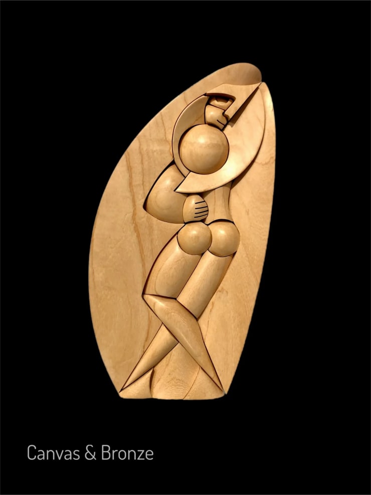 Abstract wooden sculpture of a dancing figure with geometric shapes, showcasing Argentine art style.