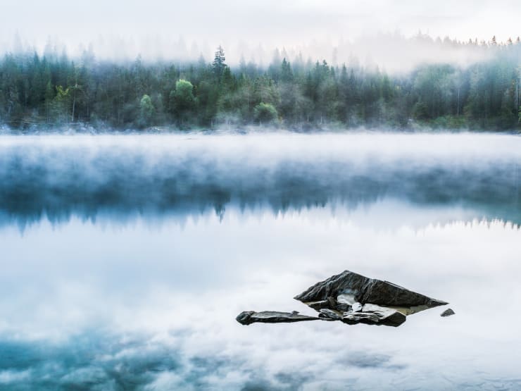 mystischer nebelschwaden verziehen sich in der früh am caumasee, flims