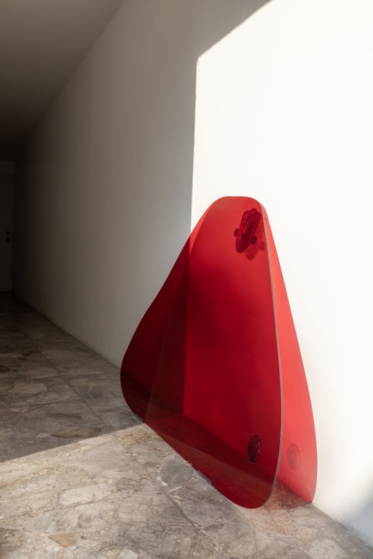 Mariela Gutiérrez It Was June 1994 in Temple XIII, 2019 Laminated glass, static sticker 129 x 100 cm (50.8 x 39.4 in)