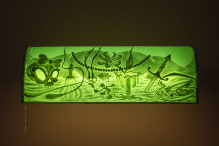 ASMA Esoteric e-girl resistance, 2023 Silicone, brass, fluorescent light bulb, electrical hardware, acrylic. 18 x 61.3 x 33.3 cm (7.1 x 24.1 x 13.1 in)