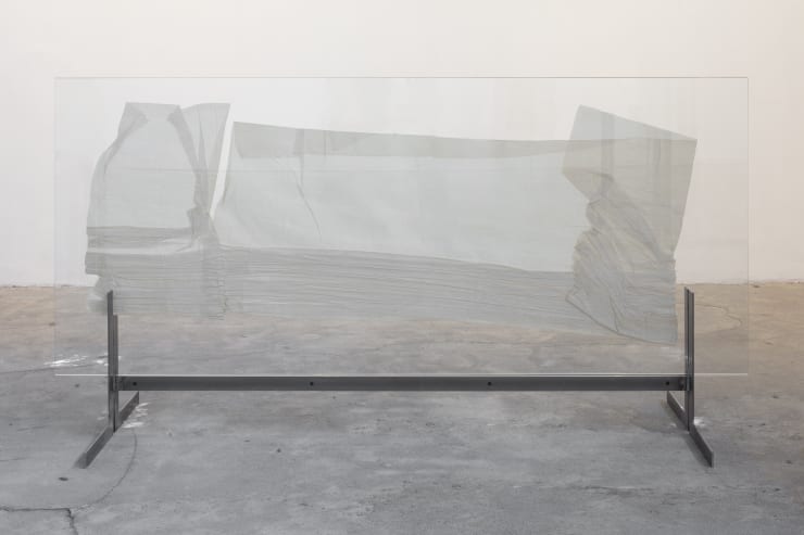 Lukas Gschwandtner Bookshelf, 2023 Glass, canvas and steel 124 x 240 x 72 cm (48.8 x 94.5 x 28.3 in)