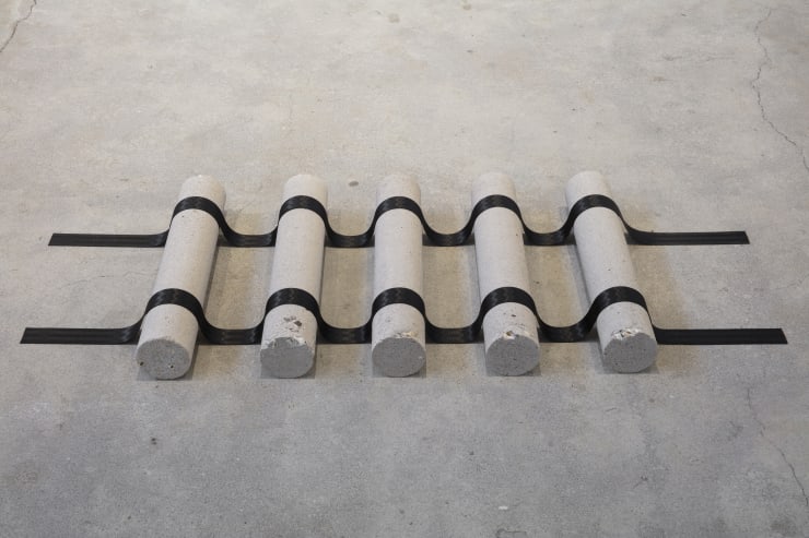 Julia Rometti Concrete, rainwater drains, shells, black synthetic strip webbings, 2024 Concrete, sand, shells, black synthetic strip webbings 60 x 160 x 10.5 cm (23.6 x 63 x 4 in)
