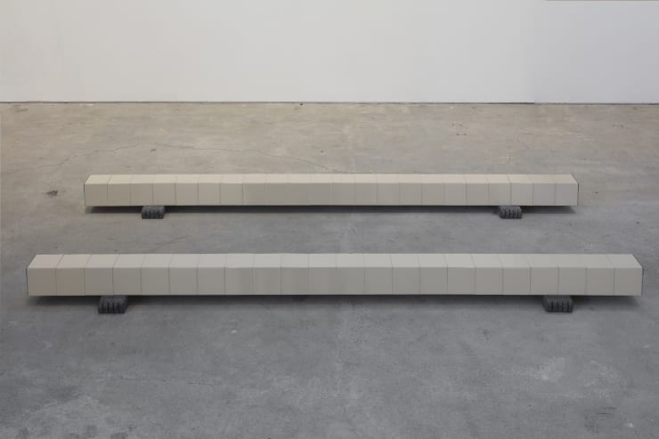 Julia Rometti Bone color tiles, mirror, volcanic stone, 2024 Tiles, mirror, wooden structure, volcanic stone 14.5 x 240 x 30 cm each (5.7 x 94.5 x 11.8 in)