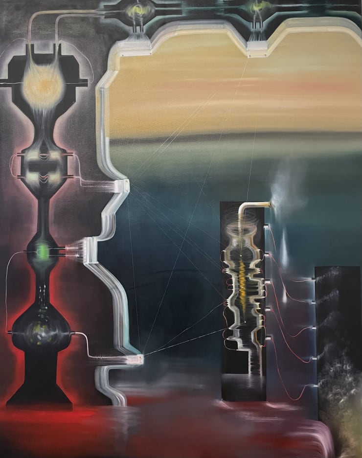 Carolina Fusilier Hidro-lógicas (circuito1), 2024 Oil on Canvas with thread and screw interventions 236 X 185.5 x 3 cm (92.91 x 73.03 x 1.18 in)