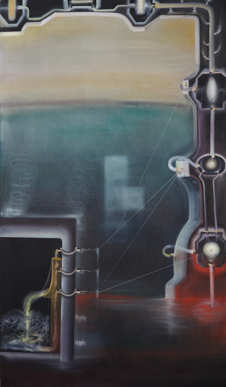 Carolina Fusilier Hidro-lógicas (circuito2), 2024 Oil on canvas with thread and screw interventions 230 x 135 x 3 cm (90.6 x 53.2 x 1.2 in)