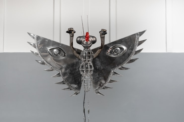 Naomi Rincón Gallardo Mechatronic Butterfly. 2024-2025, 2024 Tinplate, black clay, plastic, wood, ink, nail polish, antennas, electronic circuits, and mechanism. 85 x 126 x 52 cm (butterfly) (33.46 x 49.61 x 20.47 in) 14 x 39 x 22 cm (mechanism) (5.51 x 15.16 x 8.46 in) (NRG-2024-08)