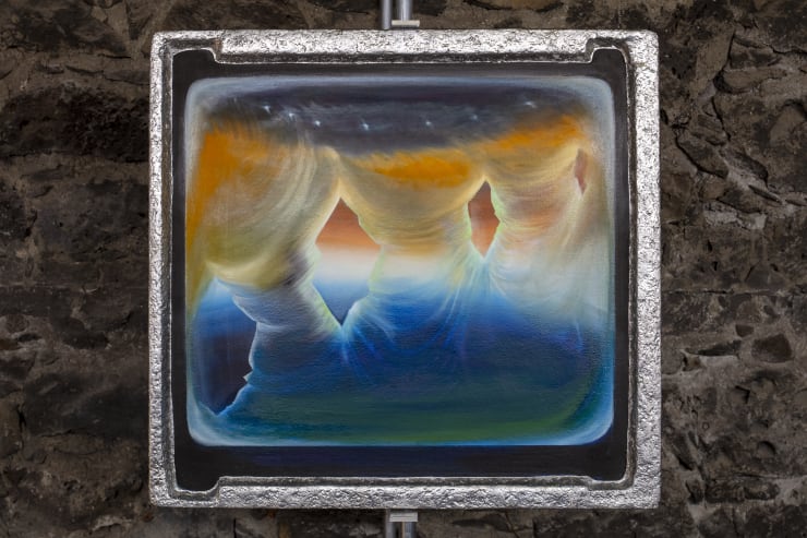 Carolina Fusilier Las inmortalistas I, 2025 Styrofoam covered with papier-mâché. Oil on canvas on wood. Piece of butterfly wings assembly with small spring. Complete installation includes sound system with amplifier and ensambles of aluminum tubes. Painting: 66 x 71 x 5 cm (25.9 x 27.9 x 1.9 in) With structure: 265 x 60 x 132 cm (104.3 x 23.6 x 51.9 in)