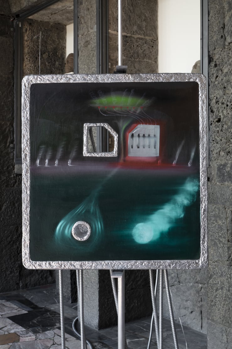 Carolina Fusilier Las inmortalistas III, 2025 Styrofoam covered with papier-mâché. Oil on canvas on wood. Piece of butterfly wings assembly with small spring. Complete installation includes sound system with amplifier and ensambles of aluminum tubes. Painting: 71.5 x 70 x 12 cm (27.9 x 27.5 x 4.7 in) With structure: 268 x 294 x 100 cm (105.5 x 115.7 x 39.3 in)