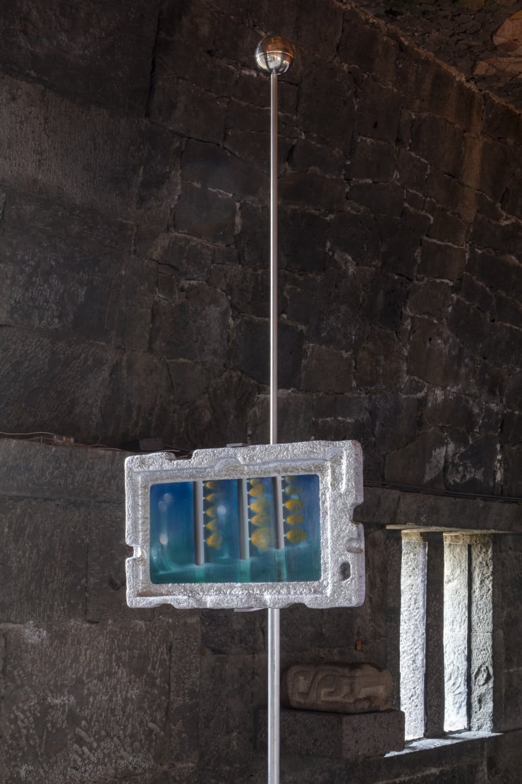 Carolina Fusilier Las inmortalistas VIII, 2025 Styrofoam covered with papier-mâché. Oil on canvas on wood. Aluminum tubes. Painting: 37.5 x 59 x 6 cm (14.5 x 23.2 x 2.3 in) With structure: 312 x 431 x 244 cm (122.8 x 169.6 x 96 in)