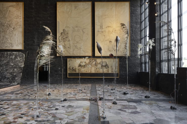 Carolina Fusilier Jardín biocósmico, 2025 Dry palm leaves, dry branches and flowers with assemblages of passion fruit shells with springs on acrylic tube. Ten rotating motors programmed to be animated in a 20 min sequence. Installation: 192 x 564 x 567 cm (75.5 x 222 x 223.2 in)