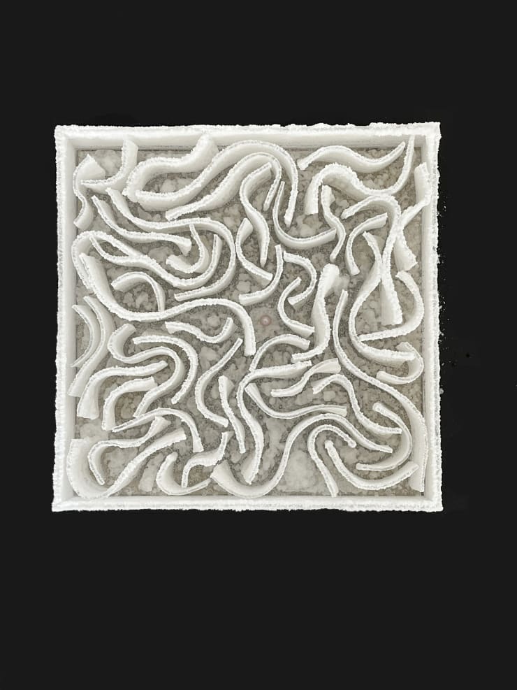 Manuela de Laborde Laberinto de lágrimas (Una maqueta para "Casa ideal"), 2025 Acrylic, salt, sea pearl, sand fixing agent 6.4 x 30.6 x 30.6 cm (2.5 x 12 x 12 in)