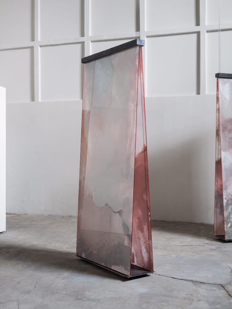 Manuela de Laborde Linde del desierto (diptych) primera y segunda, 2025 Tempered glass, gypsum, pigment, acrylic paint, salt, pvc, lacquer 242.5 x 110 x 34.9 cm (95.5 x 43.3 x 13.7 in)