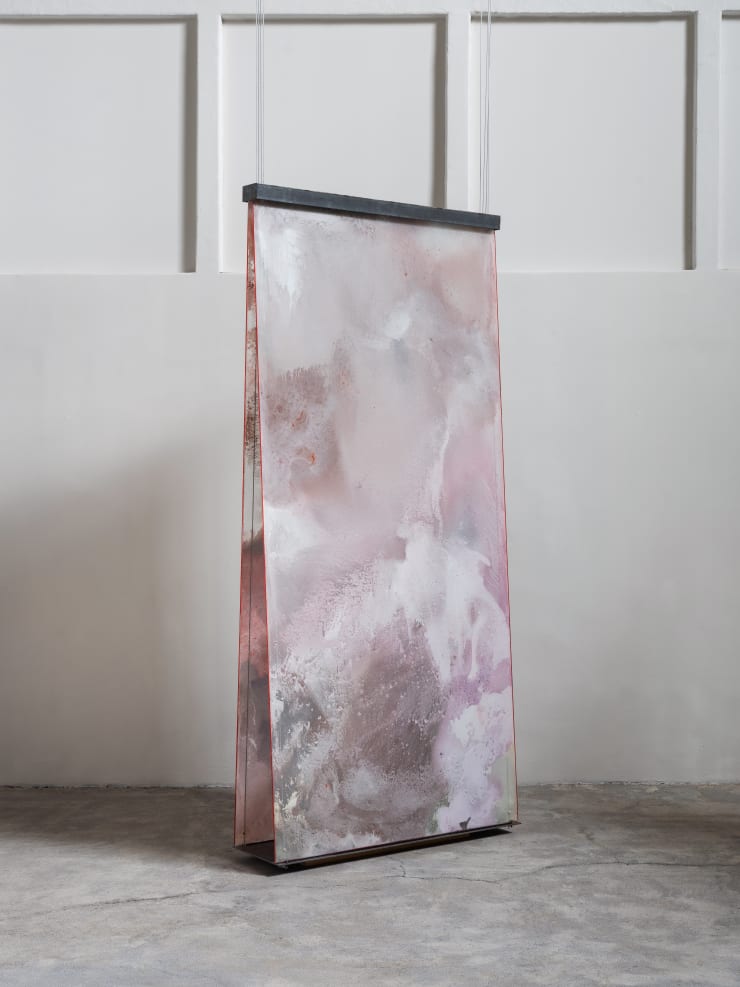 Manuela de Laborde Linde del desierto (diptych) tercera y cuarta, 2025 Tempered glass, gypsum, pigment, acrylic paint, salt, pvc, lacquer. 242.5 x 110 x 34.9 cm (95.5 x 43.3 x 13.7 in)