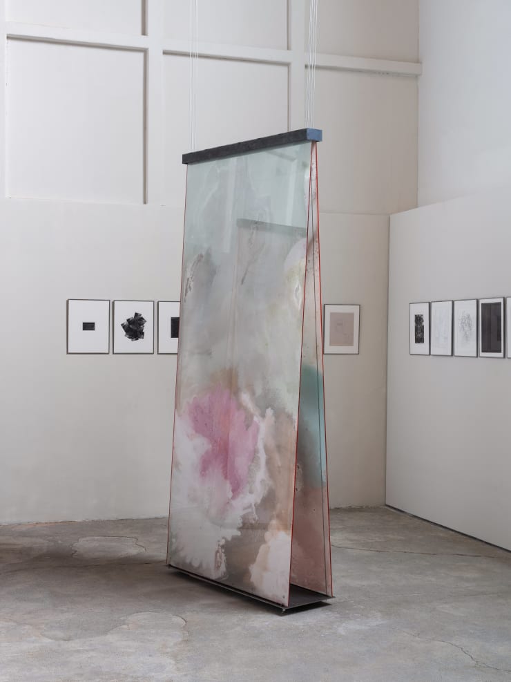 Manuela de Laborde Linde del desierto (diptych) quinta y sexta, 2025 Tempered glass, gypsum, pigment, acrylic paint, salt, pvc, lacquer. 242.5 x 110 x 34.9 cm (95.5 x 43.3 x 13.7 in)