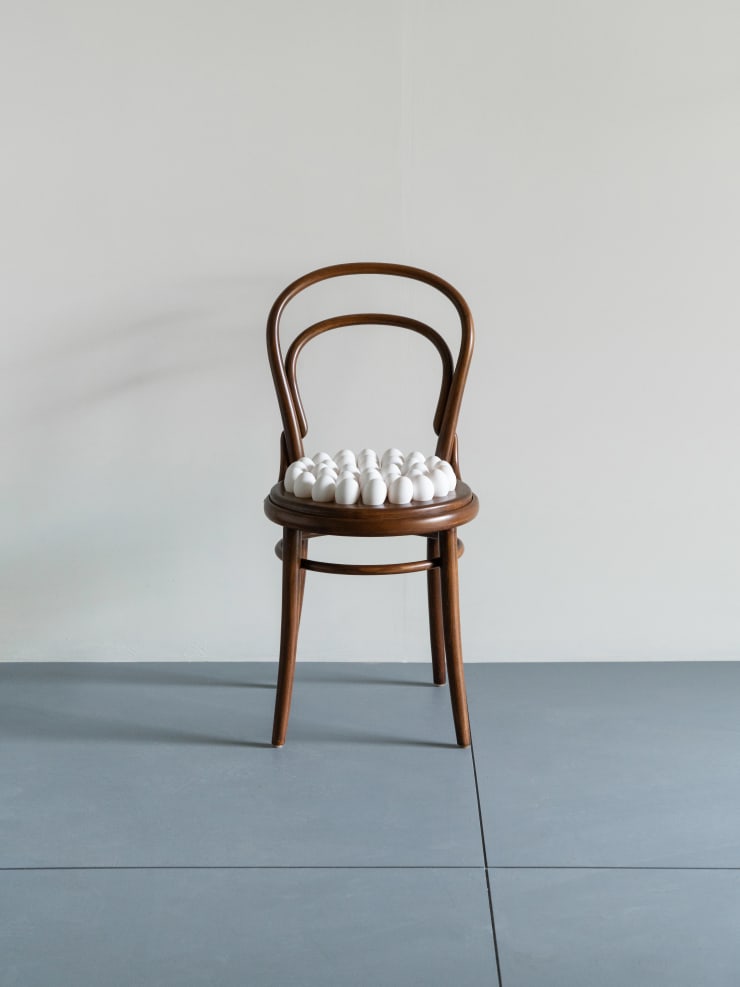 Alan Sierra Silla para huevos, 2025 Wood, thirty six eggs 90 x 42 x 45 cm (35.4 x 16.5 x 17.7 in)