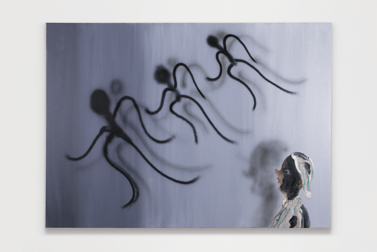 Jose Bonell Baile de sombras, 2025 Oil and spray paint on linen 100 x 140 x 3.5 cm (39.4 x x 1.4 in)