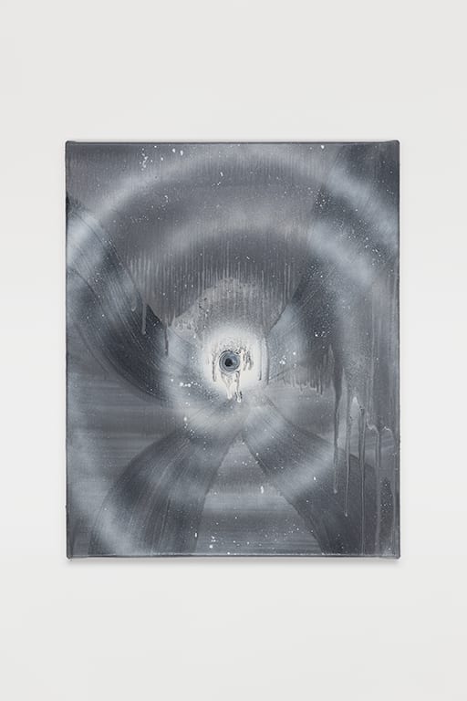 Jose Bonell Black eye, 2025 Oil and spray paint on linen 41 x 33 x 3 cm (16.1 x 13 x 1.2 in)