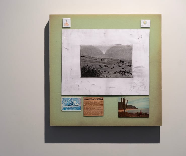 Theo Michael Todo Tranqui, 2025 Foam, graphite on paper, colored pencil, postcard, found objects 50 x 50 x 6 cm (19.7 x 19.7 x 2.4 in)