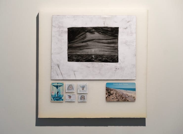 Theo Michael El Smallest Smile, 2025 Foam, graphite on paper, colored pencil, postcard, found objects 50 x 50 x 3 cm (19.7 x 19.7 x 1.2 in)