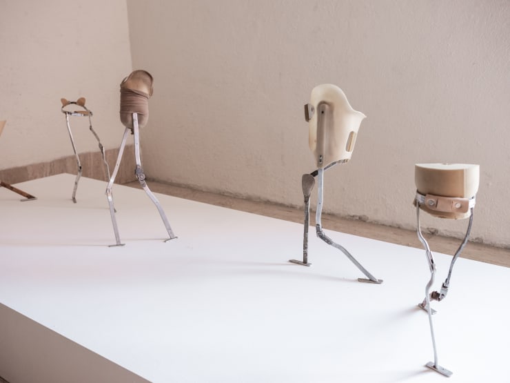 Berenice Olmedo MEKHANÉ, 2021 Cosmetic cover for prosthesis, Taylor corset belt, HKAFO aluminum bars (orthosis for knee, ankle and foot) and lumbar sacrumsash metal rods