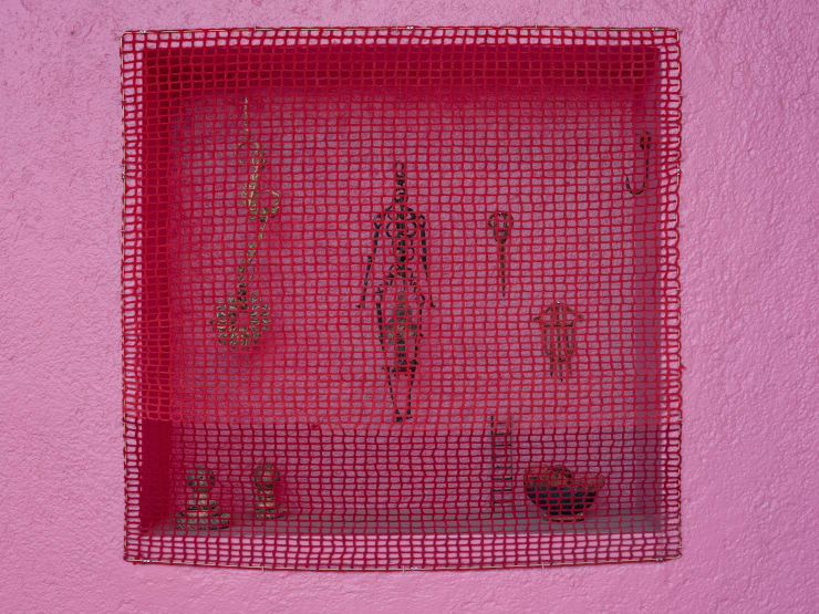 Ektor Garcia tacto solidificado, 2022 Wool dyed with grana cochinilla of Oaxaca, lost wax cast bronze, bronze, copper wire, glazed ceramics, welded found metal, wood, copper, horseshoe nails, crochet copper wire. Variable dimensions
