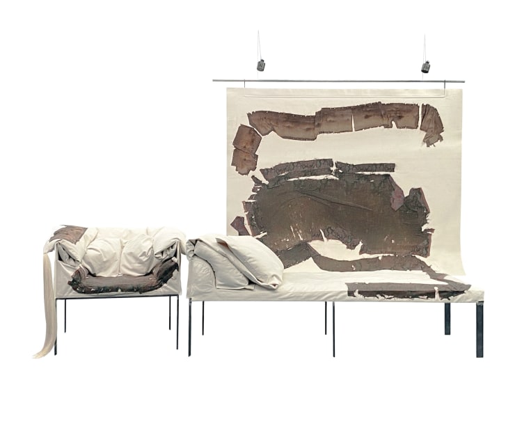freudian seating I and II, 2025 19th century tapestry fragments, steel, canvas (waxed and varnished), feathers 60 x 76 x 80 cm (23.6 x 29.9 x 31.5 in) 60 x 180 x 80 cm (23.6 x 70. 9 x 31.5 in)