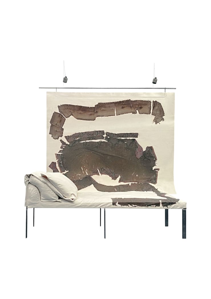 freudian seating II, 2025 Chaise and painting. 19th century tapestry garments, steel, canvas (washed and varnished), feathers, 60 x 180 x 80 cm (23.6 x 70. 9 x 31.5 in)