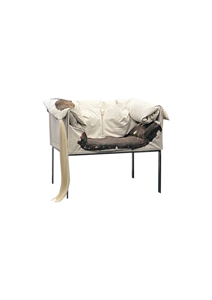 freudian seating I, 2025 19th century tapestry fragments, steel, canvas (waxed and varnished), feathers 60 x 76 x 80 cm (23.6 x 29.9 x 31.5 in)