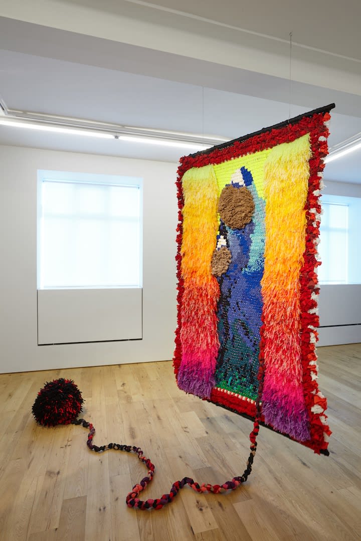 Samþykki / Consent, 2019 sokkarbuxur, ull og perlur / nylon tights, wool and pearls 192 x 119 cm