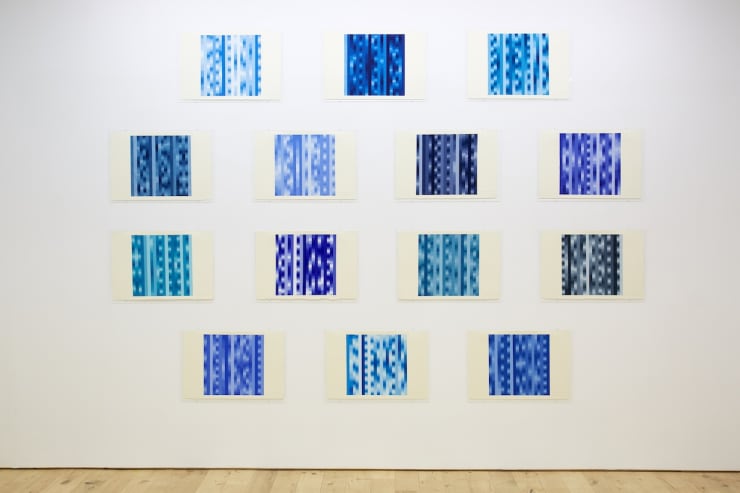 14 bláir Kvarans / Kvaran’s 14 Blue, 2018 gvass á pappír / gouache on paper 14 pieces 38,5 x 58 cm each