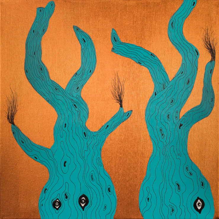 Spjátrungar / Woodies, 2017 Acrylic paint and ink on canvas 40 x 40 cm GKF0046