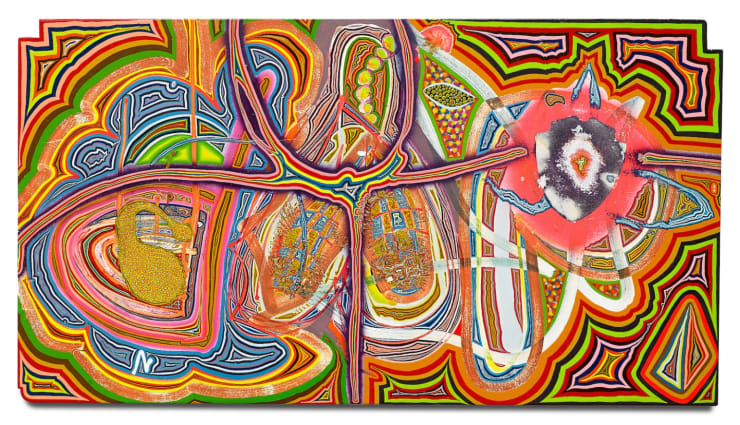 Somecandycrushing, 2016 Blönduð tækni á fundinn við / Mixed media on found wood 39 x 71 x 1,2 cm