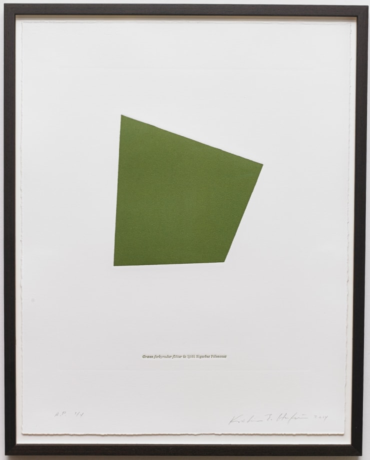 Kristinn E. Hrafnsson Grænn ferhyrndur flötur úr ljódi Sigurðar Pálssonar, 2014 djúpþrykk Grænn ferhyndur flötur úr ljódi Sigurðar Pálssonar, 2014 intaglio printing 45 x 34.5 cm KEH0099