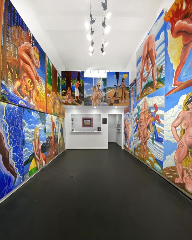 installation photo of floor to ceiling paintings by william moriarty