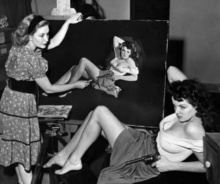 Zoe Mozert painting actress Jane Russell. Mozert also used herself as a pinup model.