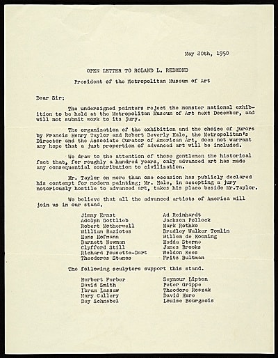 Letter from The Irascibles, 1951