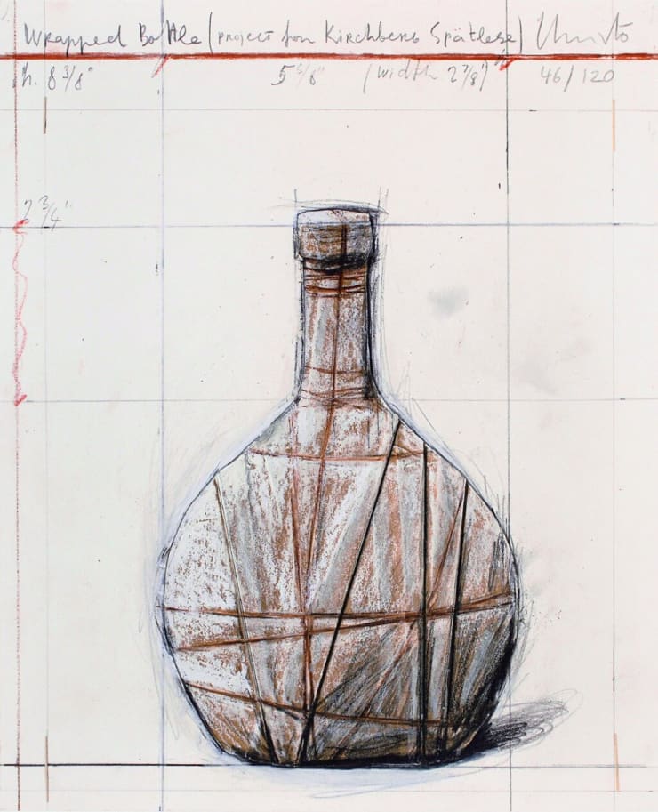 Christo Wrapped Bottle, 2001/2007 Collaged paper with digital pigment print and hand-made crayon additions. 12.50 x 10.50 in Edition of 120